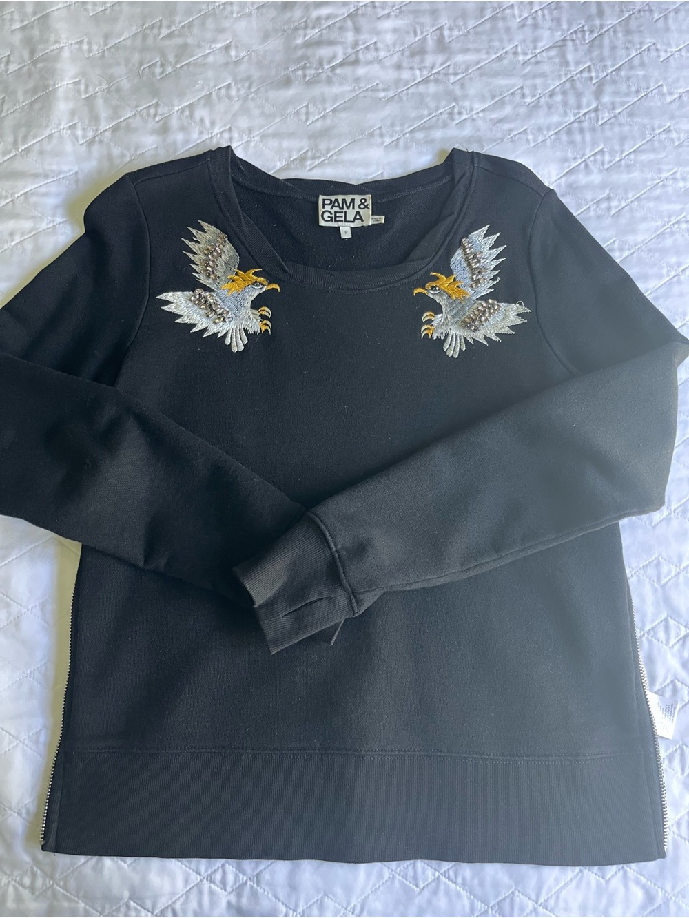 Pam & Gela Black Crewneck Sweatshirt with Embroidered Eagles
